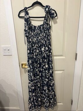 Max Studio Navy and White Floral Smocked Maxi Dress with Tie Straps